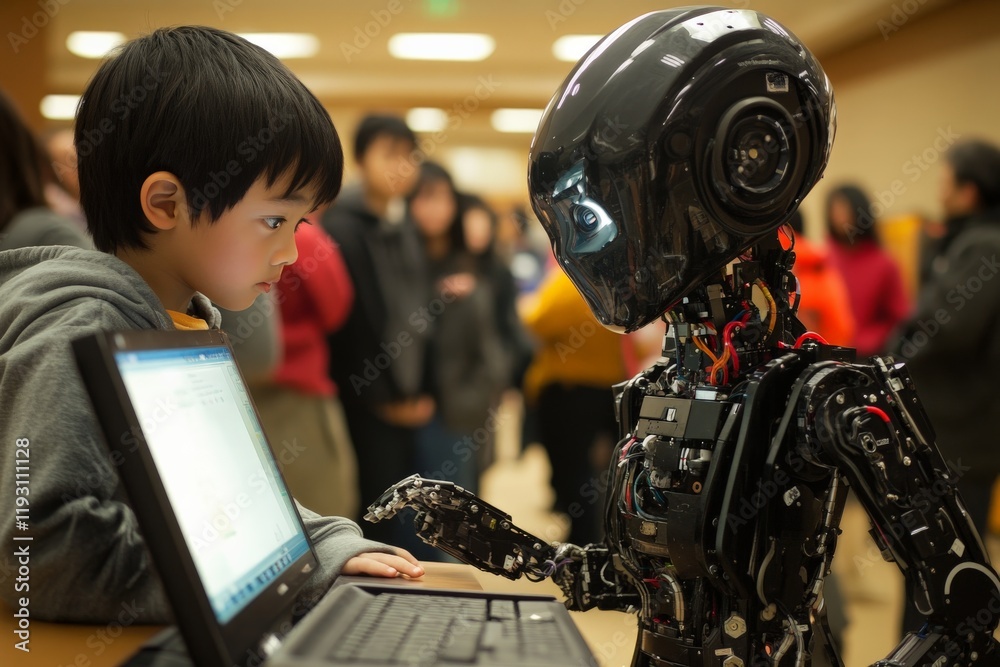Leinwandbilder a child explores an advanced robot with a laptop, symbolizing the blend of youthful curiosity and th