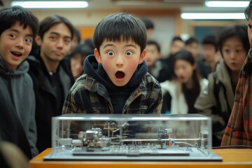 A boy exhibits amazement as he observes a complex piece of machinery on display, capturing the essence of discovery and technological fascination in today's youth.