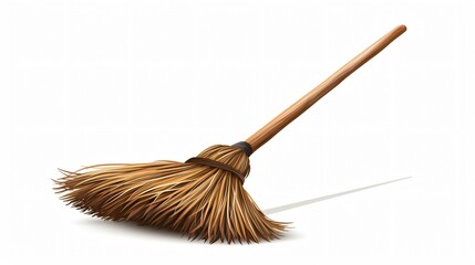Vintage Wooden Broom Isolated on White Background - Cartoon Style