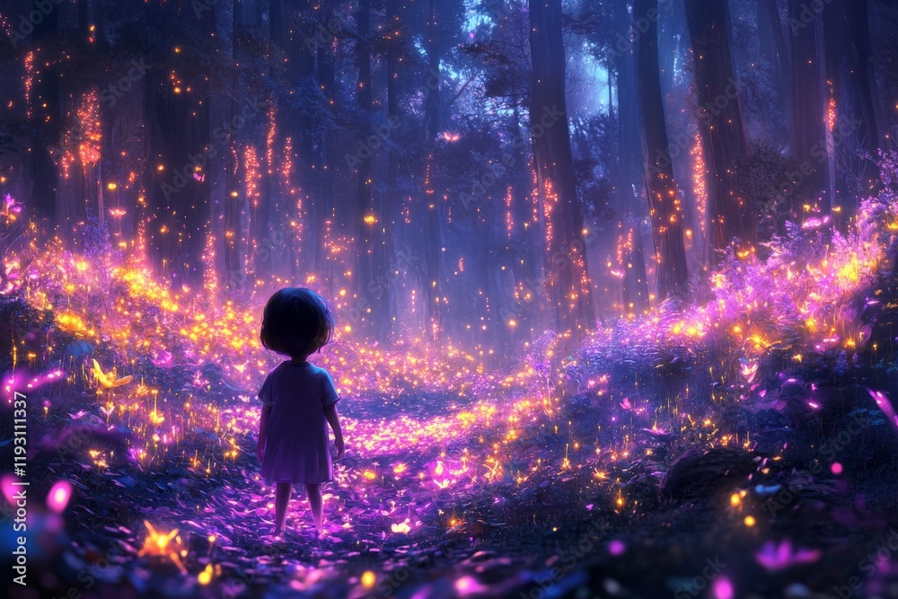 Poster a child stands in a magical forest surrounded by luminescent petals, casting a gentle glow that illu