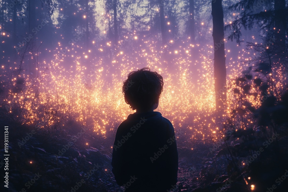 Poster in a forest glowing with lights, a child stands amidst sparkling orbs illuminating the woods, captur