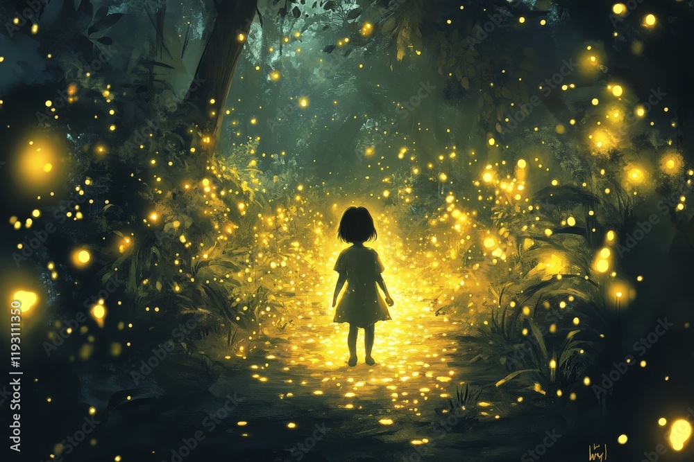 Poster A child walks down a glowing path, surrounded by twinkling fireflies creating an enchanting and otherworldly atmosphere, filled with awe and magic in the night forest.