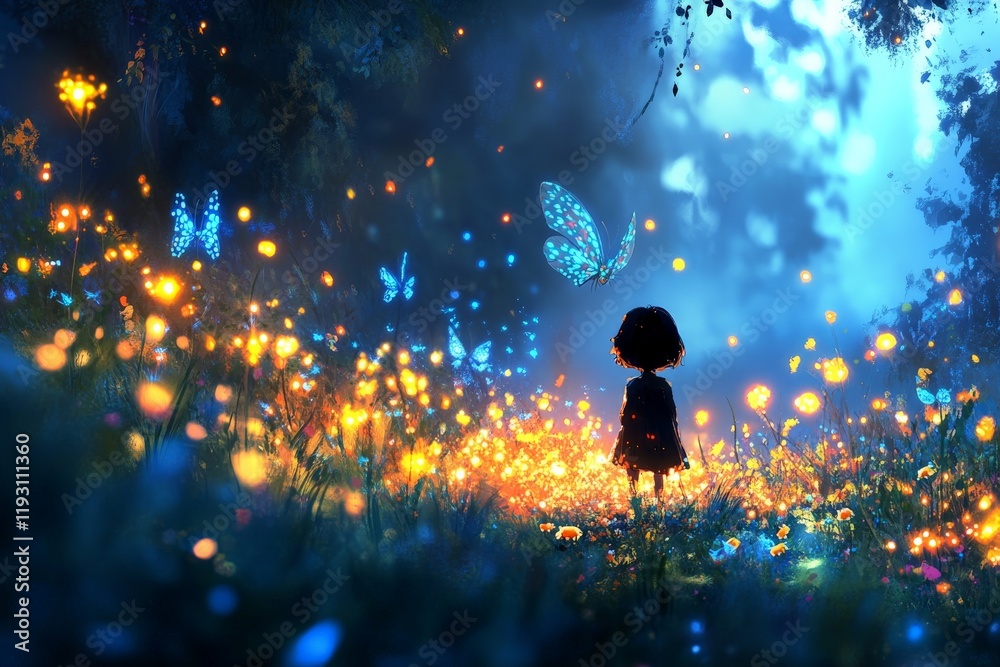 Poster a silhouetted child stands amidst a vibrant scene filled with glowing butterflies and soft lights, c