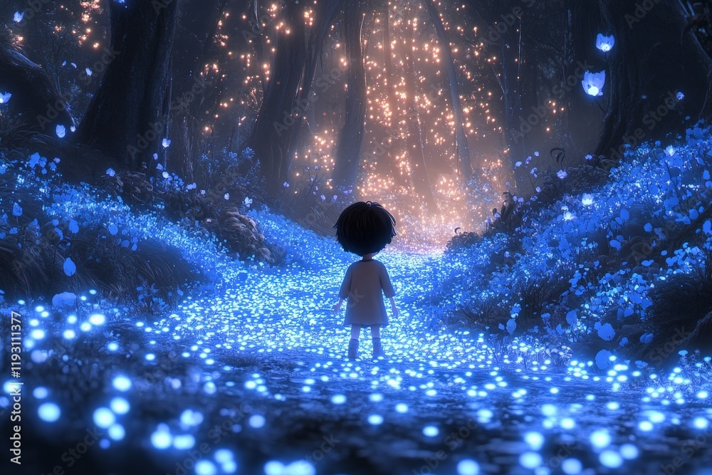 Aufkleber a child stands in a forest immersed in a gentle blue glow, surrounded by luminescent flowers that em