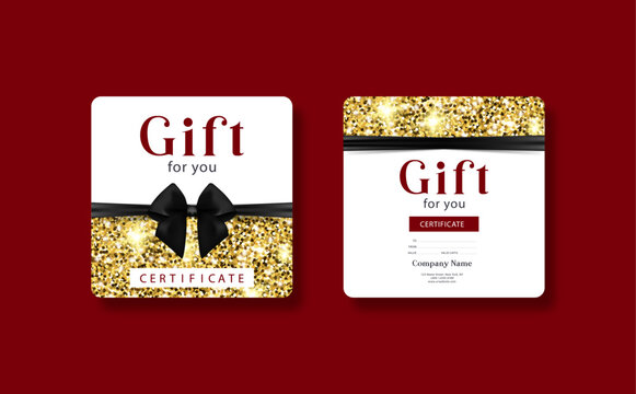Gift card template with realistic red bow. Certificate, coupon, flyer design. Discount card for shop or boutique. Vector illustration