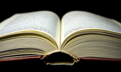 Fototapeta premium Open book on dark background, pages curved, suggesting reading, studying, knowledge.