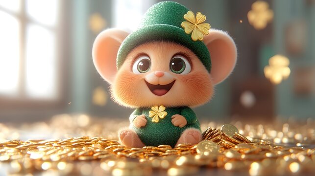St. Patrick's Day. Cartoon cute moouse in green hat leprechaun