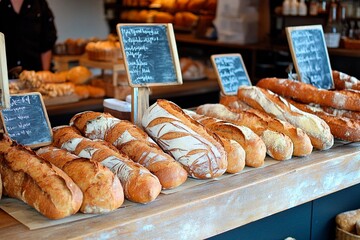 Freshly baked bread varieties displayed in a charming bakery setting