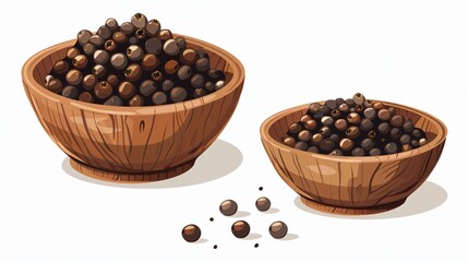 Freshly Ground Milled Pepper in Wooden Bowl on White Background