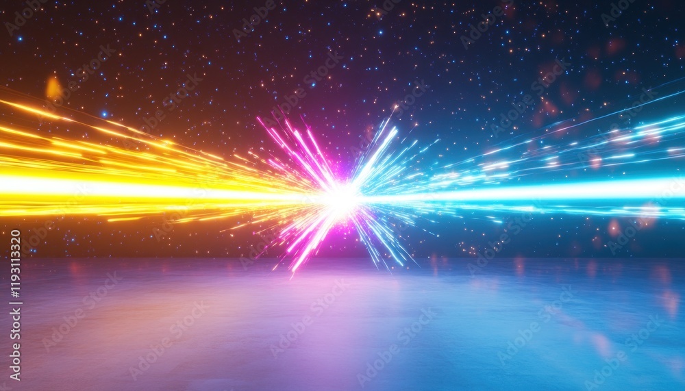 Wall mural powerful energy beams colliding in starry space creating colorful explosion