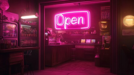 A neon 'Open' sign illuminates a retro-style kitchen with shelves filled with bottles and jars in...