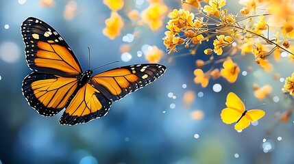 Monarch butterfly in flight near yellow flowers.