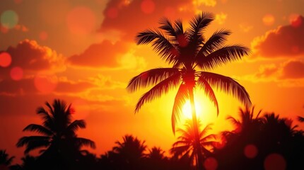 Obraz premium tropical palm tree bathed in colorful bokeh sunlight against an abstract sunset sky. The painting features vibrant colors, textured brushstrokes, and a vintage tone 