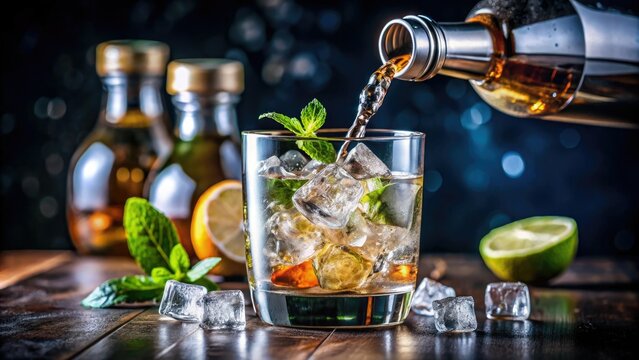 A close-up shot of a cocktail being poured from a bottle into a glass with ice and garnish, liquor, mixology, bartender pouring cocktails, bartending skills, pouring technique