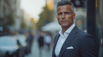 Fototapeta premium An attractive man in a well-fitted suit, walking confidently through a city street, looking ahead with a serious expression.