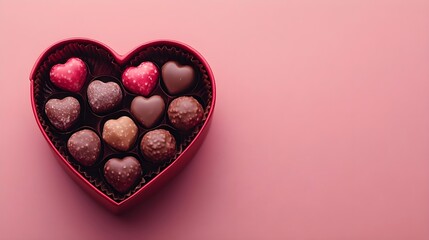 A box of luxury chocolates arranged in a heart shape on a romantic pink background.