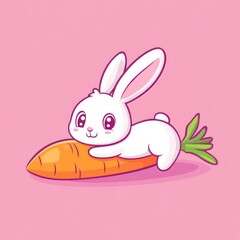 Cute bunny hugging a carrot on pink background; children's book illustration