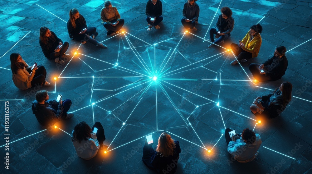Aufkleber Participants connect in a digital circle with glowing phones and illuminated lines during a collaborative activity at night. Generative AI
