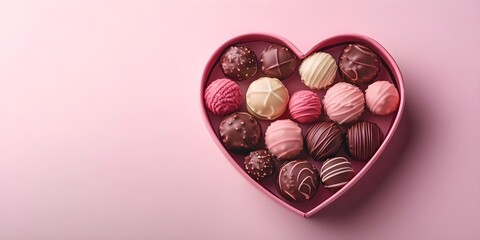 A box of luxury chocolates arranged in a heart shape on a romantic pink background.