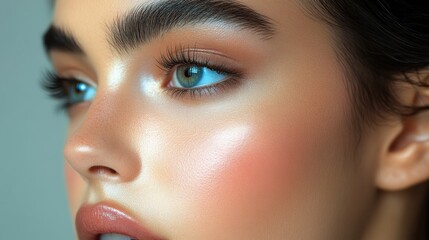 Fototapeta premium Close-up of a model showcasing radiant skin and striking blue eyes with expertly applied makeup, emphasizing natural beauty and elegance in a soft light setting