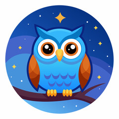 Cartoon Owl with Blue Feathers and Large Eyes in Flat Color Style Perched on a Branch