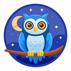 Cartoon Owl with Blue Feathers and Large Eyes in Flat Color Style Perched on a Branch