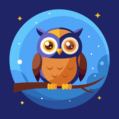 Cartoon Owl with Blue Feathers and Large Eyes in Flat Color Style Perched on a Branch