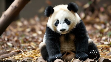 Obraz premium Young panda sitting in natural habitat among dried leaves and bamboo, showcasing wildlife and conservation themes