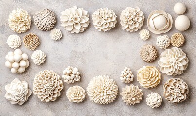 White and beige sola wood flowers frame on gray background, copy space for text.
