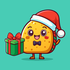Cute Cartoon Taco Character with Santa Hat and Christmas Gift in Festive Kawaii Style