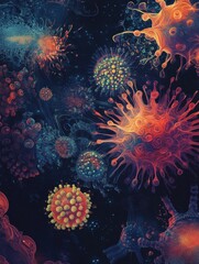 Magnified view of colorful viruses showcasing intricate details and diverse forms in a scientific illustration. Generative AI