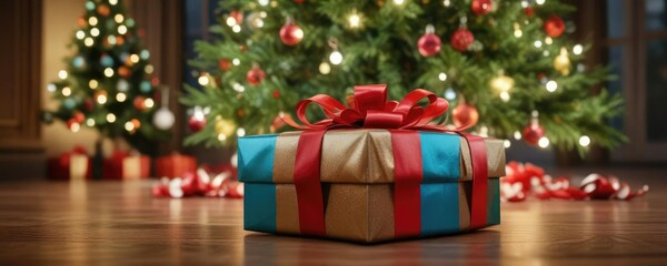 A colorful gift box with shiny wrapping sits on a decorative table beneath a beautifully lit Christmas tree, warm lighting, present packaging, shiny wrapping