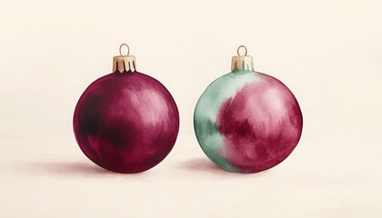 Sophisticated burgundy and mint watercolor Christmas balls on a light cream backdrop