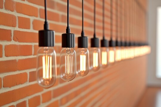 A beautiful row of light bulbs elegantly hanging from a brick wall. Lighting and Atmosphere