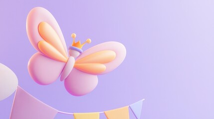 Charming Butterfly with Colorful Crown Floating Amidst Festive Decorations in Soft Pastel Background