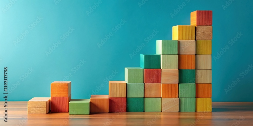Aufkleber colorful wooden blocks arranged in ascending order forming a staircase shape on a wooden surface aga
