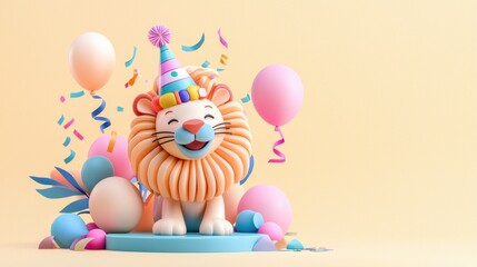 Naklejka premium Playful Lion with Colorful Party Hat Surrounded by Balloons and Confetti for Celebration Concept