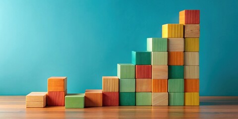 Colorful Wooden Blocks Arranged in Ascending Order Forming a Staircase Shape on a Wooden Surface Against a Teal Background
