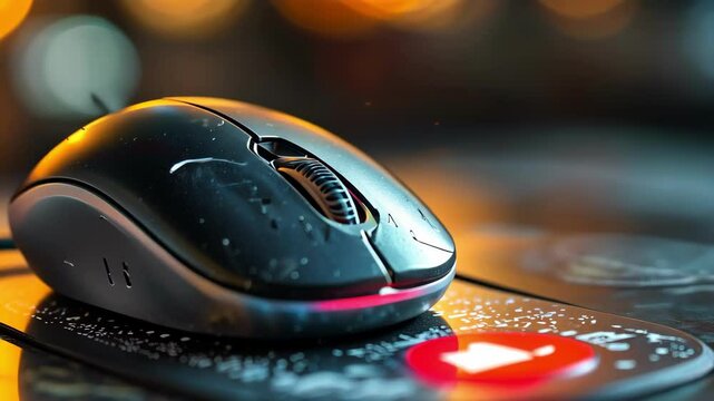 Close up of a gaming mouse on a patterned mousepad