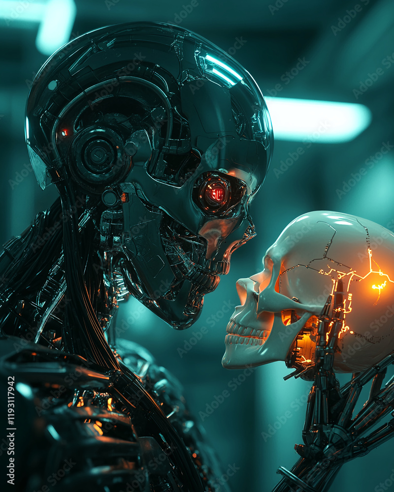Poster futuristic robot analyzing a glowing human skull in a cybernetic setting