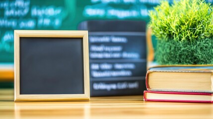 Blank mini chalkboard on desk with books & green plant.