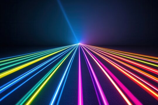 A vibrant array of colorful laser beams streaming down from the sky. Lighting and Atmosphere