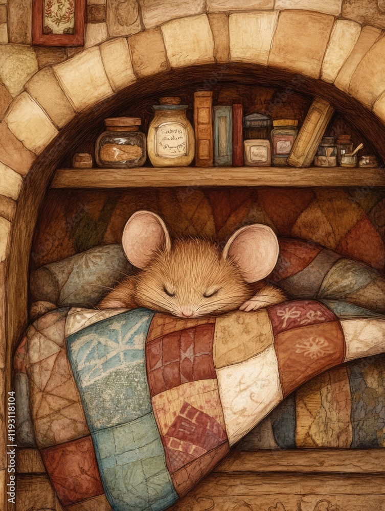Poster cute mouse snuggled under a quilt in a cozy nook with shelves of jars and books in a warm setting. g
