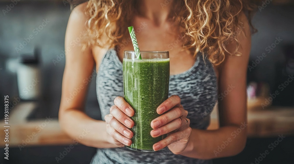 Poster Holistic health approaches captured with a smiling person enjoying a green smoothie Stock Photo with side copy space