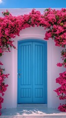 Bright blue door framed by vibrant pink bougainvillea blossoms in a picturesque location under a clear blue sky during a sunny day