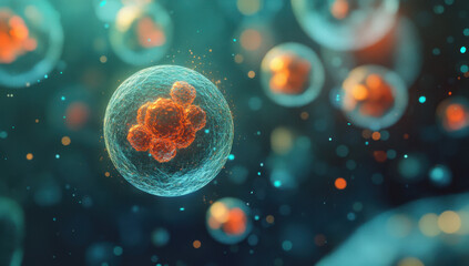 Tiny human cells are seen drifting in a dynamic microscopic setting, showcasing intricate structures and vibrant colors. The cells exhibit unique features that reveal their biological complexity.