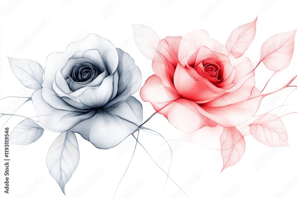 Poster a clean line art depiction of two intertwined roses, drawn with soft gradients in pink and red tones