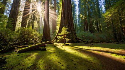 Giant Redwood Forest Clearing Illuminated by Radiant Sunlight Shafts