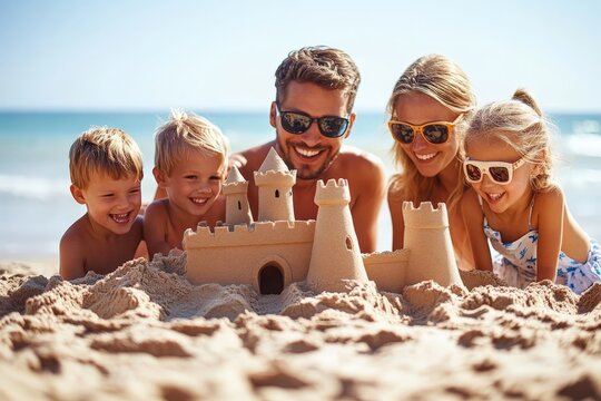 A joyful family enjoys a sunny day at the beach building an impressive sandcastle, creating cherished memories with their children under the clear blue sky. - Powered by Adobe