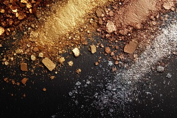 Luxurious abstract background with metallic eyeshadow pigments scattered on a dark surface showcasing gold, silver, and rose gold shades